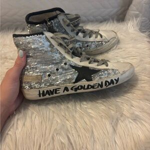 Gently worn Golden Goose Silver and Black Sequin Sneakers